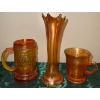 Image 2 : Fenton Marigold Carnival Glass Trio- Orange Tree Mug, Vase & Pressed Glass