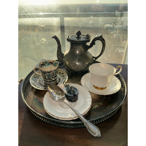 Silver Plated Tea Service For One - Tray Teapot Cobalt Blue Sugar Dish & More