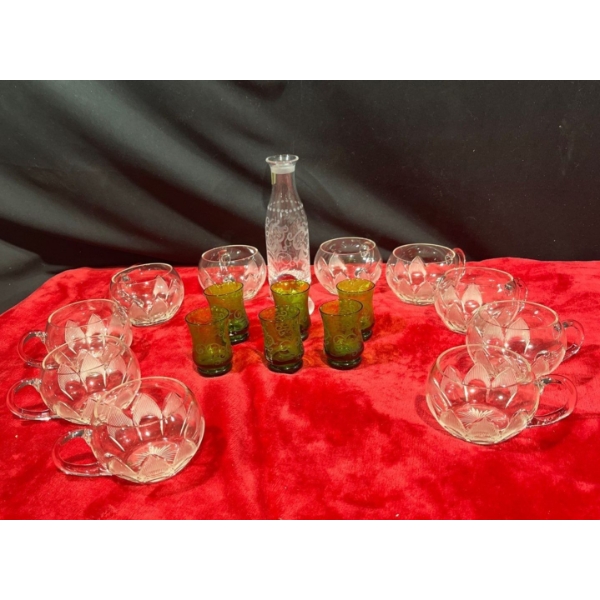 Collection of Green Glass, Glass Decanter and Crystal Cups with Handle 