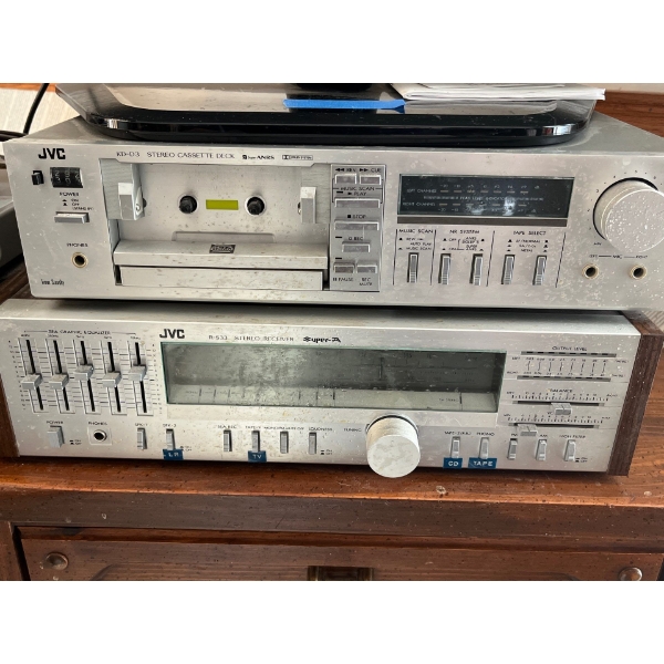 vintage retro JVC stereo with Sony DVD player Phillips five disc CD player, JVC, cassette deck and r