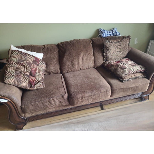 Brown 3 Seater Couch w Wood Trim & Pillows 90 w, 36 d, 33 h