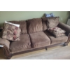 Brown 3 Seater Couch w Wood Trim & Pillows 90 w, 36 d, 33 h