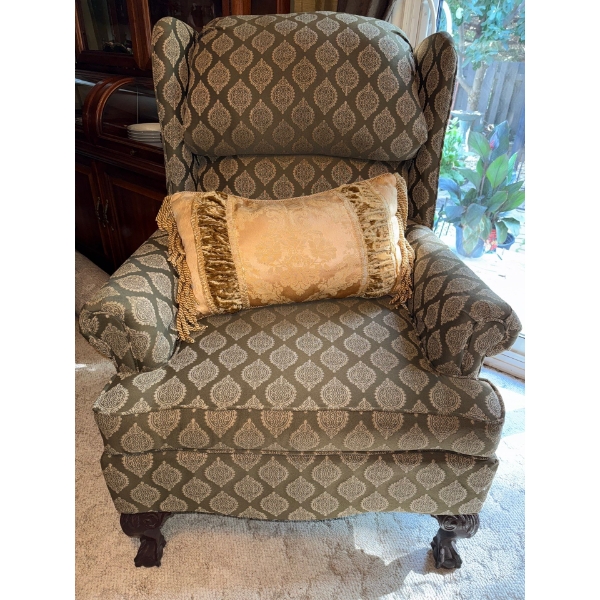 Printed Wingback Arm Chair - Parlor Chair w/ Decorative Tasseled Gold Cushion