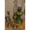 Image 2 : Vintage Home Decor - Oil Lamp, Brass Candle Holders, Decorative Glass, Hand Painted Wood Plates Marg