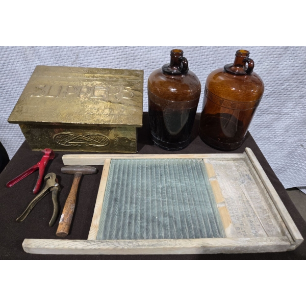 Western Bros Woodenware Co. Wash Board, 2 Brown Glass Jugs, Wooden Slippers Box Brass Top Layer