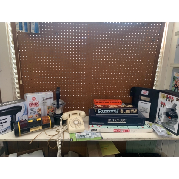 hair dryer, cookie press, vintage phone, vintage board games flash light and more 