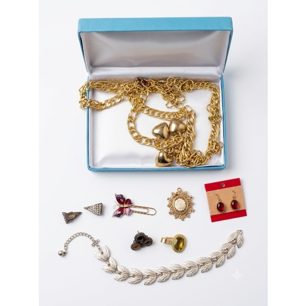 Vintage Gold- and Silver-Toned Jewelry Pieces, Chains, and Brooches