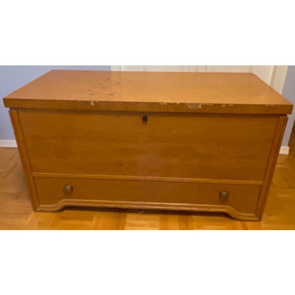 Large Vintage Wooden Chest Full Of Multi Styles of Blankets  50w x 26d x 24 tall