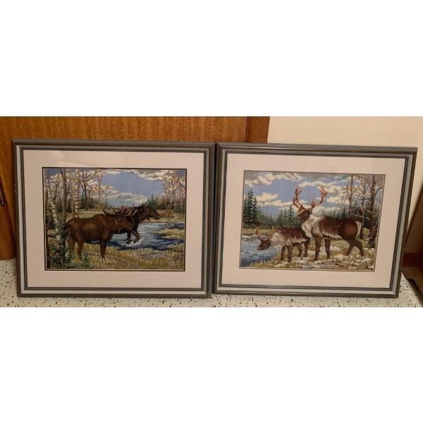 Wildlife Needlepoint Art - Wall Hangings Moose & Cariboo 23x18