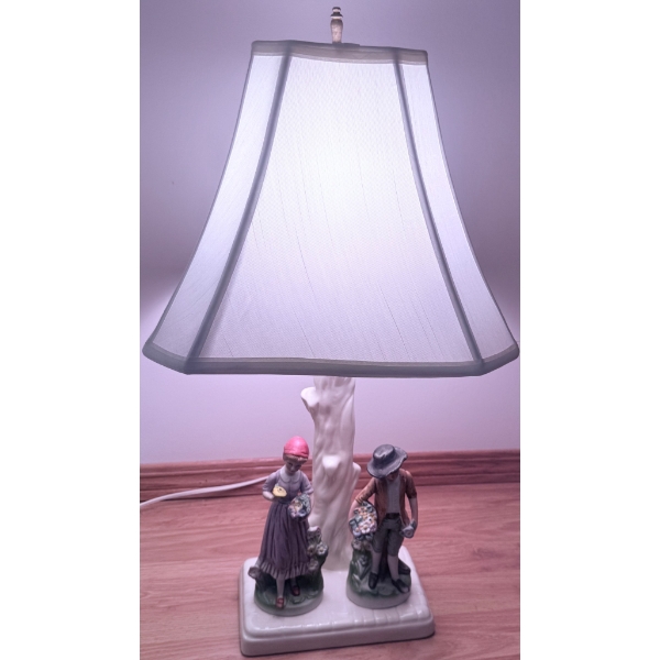 Two Figurine Table Lamps with Framed Artwork