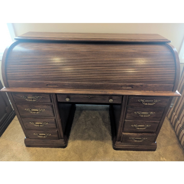 Jasper Cabinet Solid Wood Roll-Top Desk with Brass Key and Ample Storage