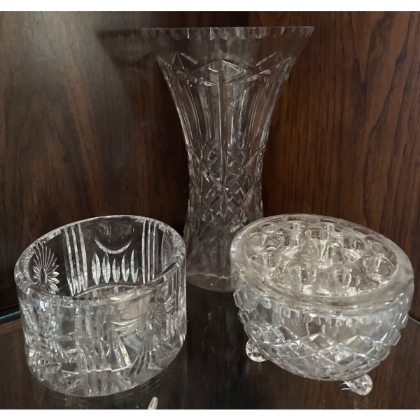 Crystal Decorative Pieces Featuring Vase, Bowl, and Covered Dish