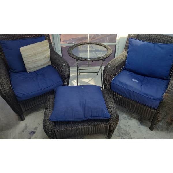Two Chairs 33 W, 34 D, 35 T w/ Footstools 32 W, 21 D, 15 T and Side Table 28" Top, 28 T 