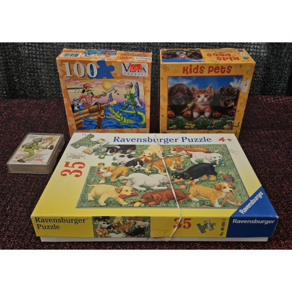 3 Children's Puzzles and 1 Deck of Whitman Playing Cards