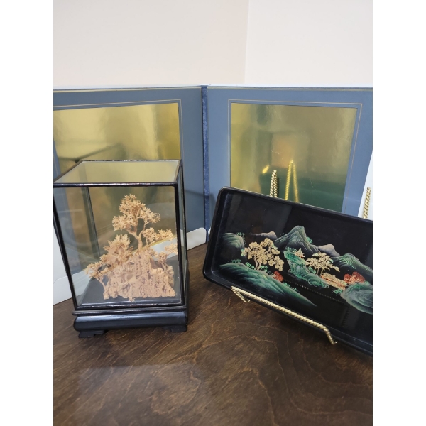 Beautiful Meticuluosly Widdled Sandlewood Asain Art In Shadow Box 10T w/ Floral Tray & More