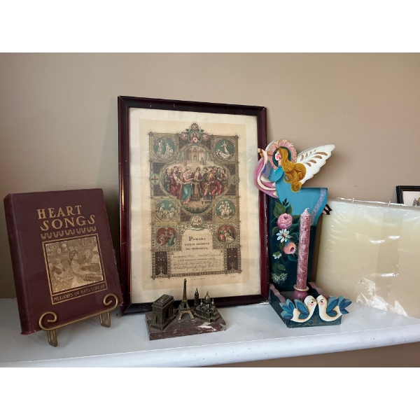 1913 Polish Catholic marriage certificate with a vintage heart songs melodies of days gone by and a 