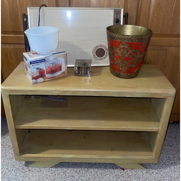 Small Two Shelved Solid Wood Stand & Vintage Hot Plate & Trash Cash