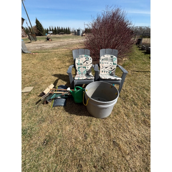 Two Plastic AdirondackCchairs, large plastic bucket with shovels, brooms, brakes, and watering can