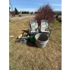 Image 1 : Two Plastic AdirondackCchairs, large plastic bucket with shovels, brooms, brakes, and watering can