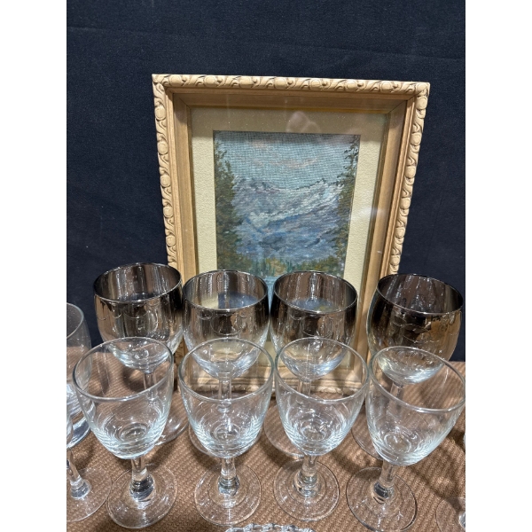 Vintage Glassware Collection -Stemware Candle Holders Pickle Dish w/ Petite point Mountainscape Art