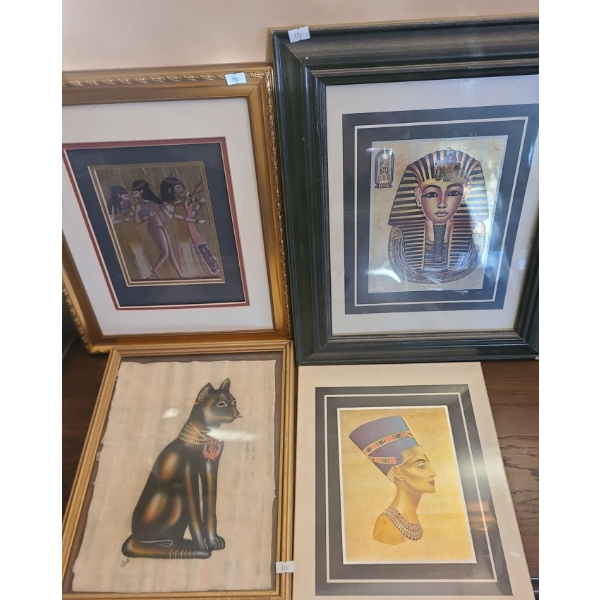 Egyptian Papyrus/ Foil Art: Trio 13 X 16, Face 15 X 18 (Frame Damaged), Cat 11.5 X 14.5
