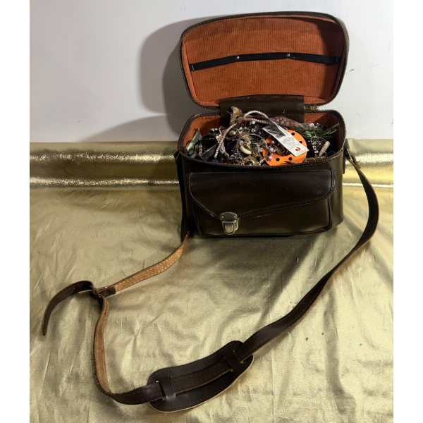 Brown Leather Satchel-Style Bag Containing Assorted Costume Jewelry