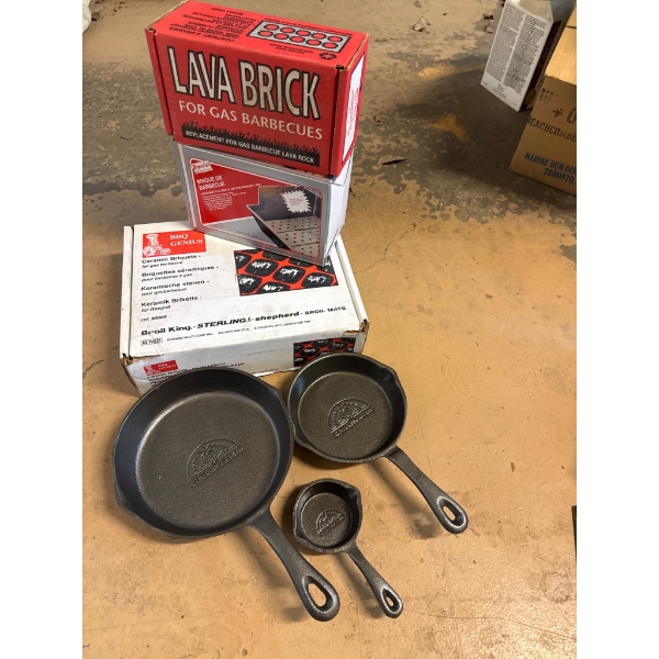 Ceramic Briquets, Lava Brick for Gas Barbecues, and 3-Piece Cast-Iron Frying Pan Set