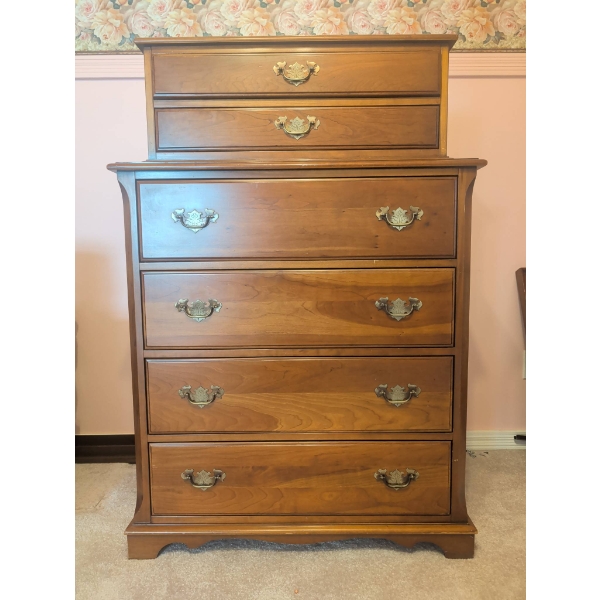 Hall Strathroy Solid Oak Tallboy Chest of Drawers with Brass Hardware