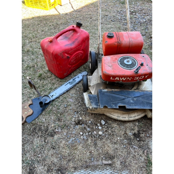 Lawn Boy lawnmower, gas jug, and homemade manual chainsaw. A true handyman special. 

