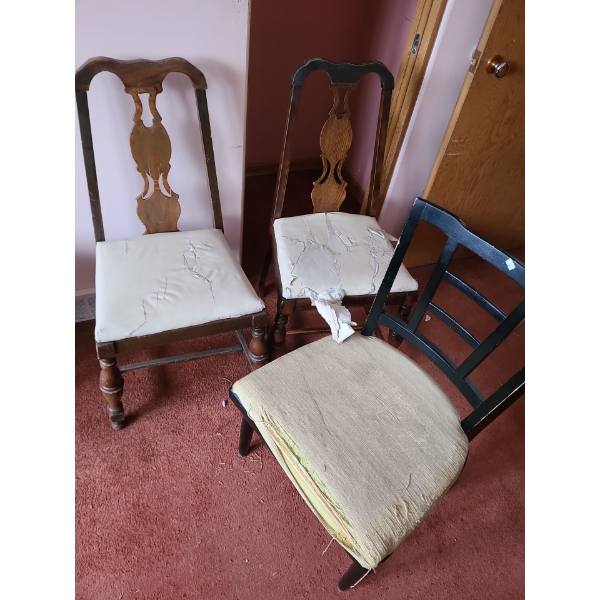 Set of 3 Wooden Side Chairs- 2x Lighter Wood 36 T, 16 L, 15 W and Dark Wood  32 T, 20 L, 18 W