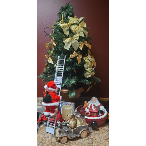 Light Up Holiday Tree (41T) Plus Various Holiday Decor (Note Reindeer Antler is Chipped) 