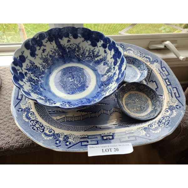 Blue & White Ceramics- Platter, Deep Bowl & 2 Small Bowls