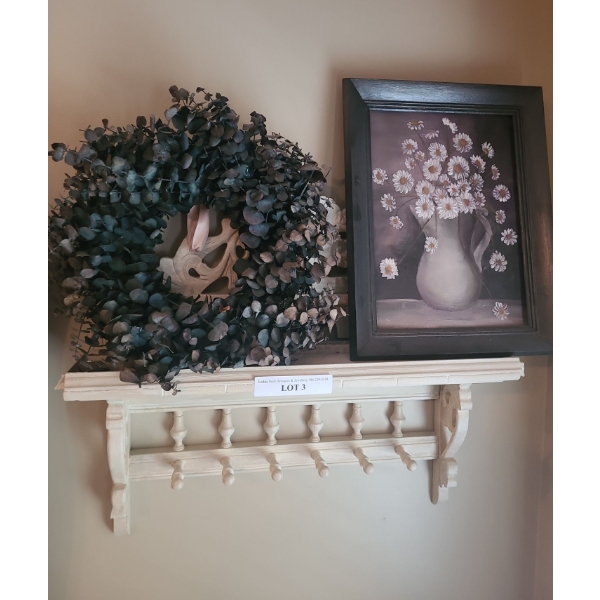 Decorative Shelf w Eucalyptus Wreath & Daisy Painting.  Painting 12 1/2 w 16 1/2 h