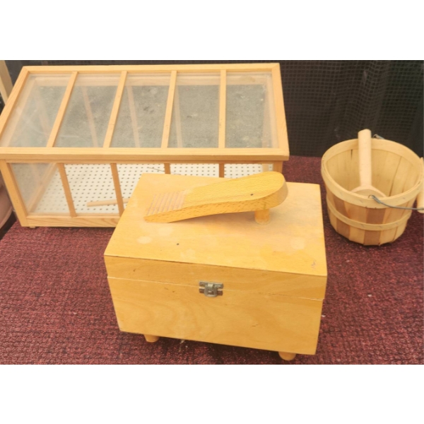 Wooden Shoe Shine Box, Basket, and Display Case