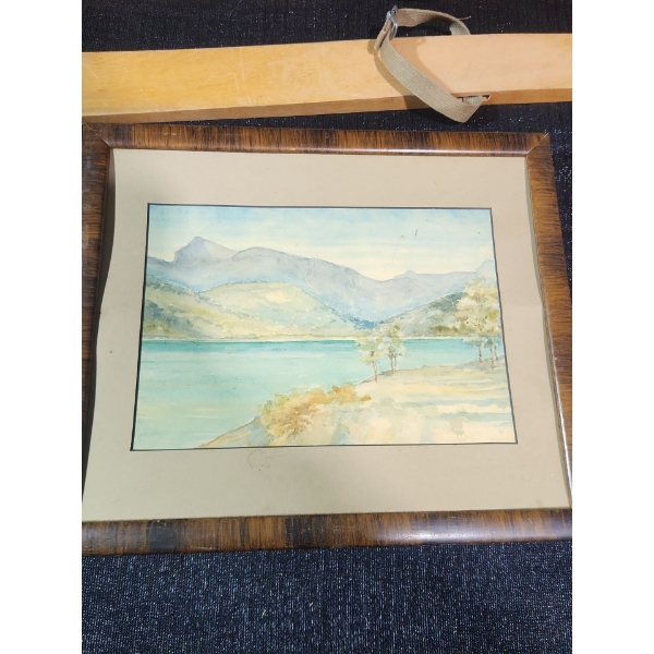 Mid Century Wooden Skis and Mountain Art