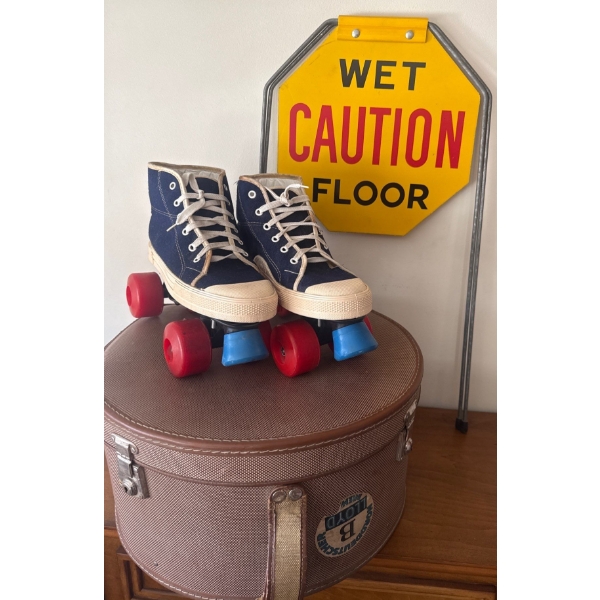 Pair Of Retro Quad Rollers w/ Vintage Hat Box & Ironic 'Wet Floor' Caution Sign 
