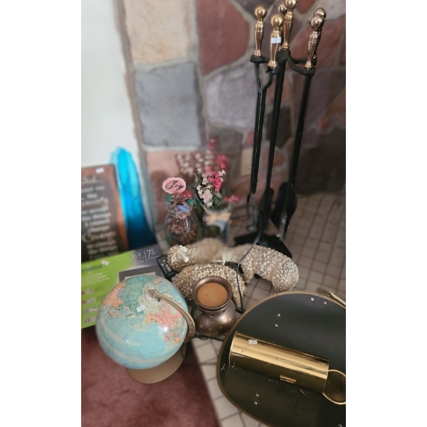 Embossed Box 23 w, 15.5 d, 14.5 h, Blue Vase 17.5 h, Digital Frame, Fireplace Tools and More!