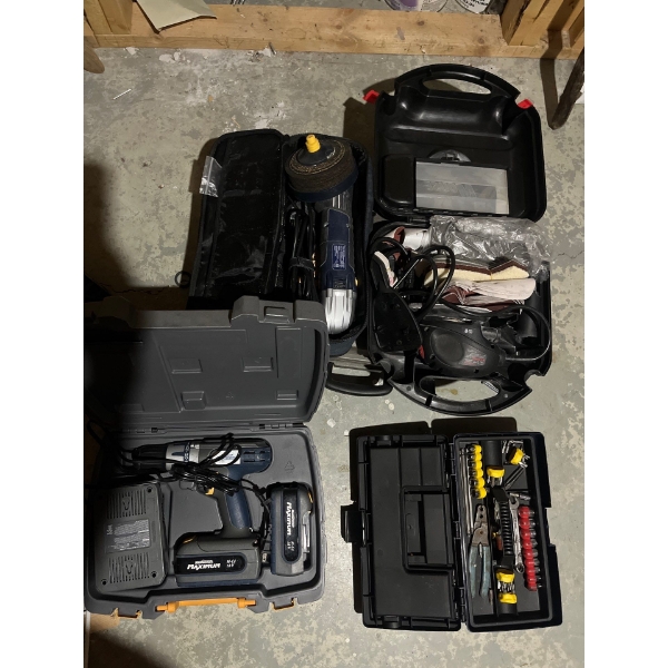  Grinder with grinding wheels, mouse sander, small toolbox with tools and a Mastercraft cordless dri