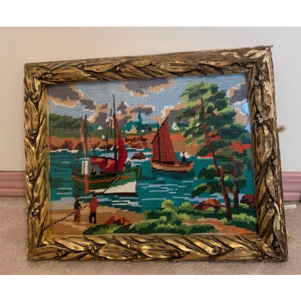 Embroidered Nautical Art in Gold Beveled Frame 14x11