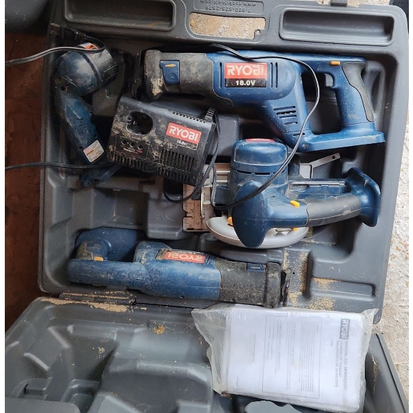 Ryobi Toolkit Includes  Models: Circular Saw R10633, Reciprocating Saw RJC181 X2, Flashlight PL1800