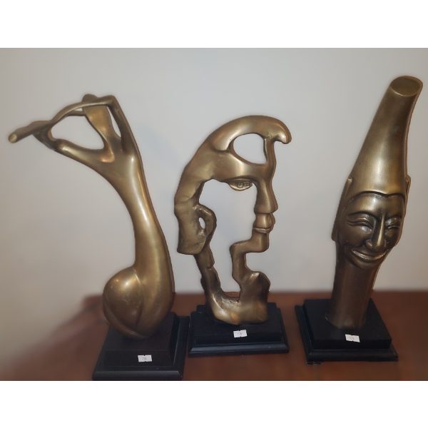 Metal Statues: Flutist 6 W, 5 D, 17 T, Face 7 W, 4 D, 16.5 T and Clown 6 W, 5 D, 18 T
