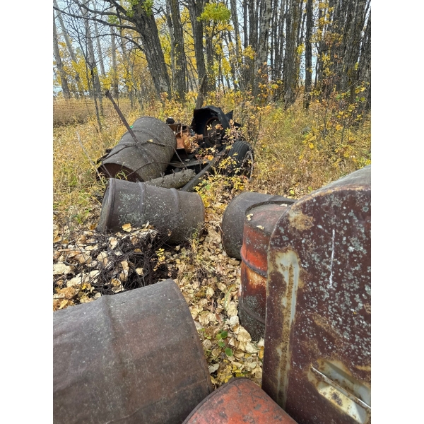 aerator trailer grain grinder, barrels, and fuel tank 