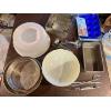 Image 1 : Large yellow ceramic Pyrex bowl, two cheesecake tins cake, carrier square cake molded measuring cup