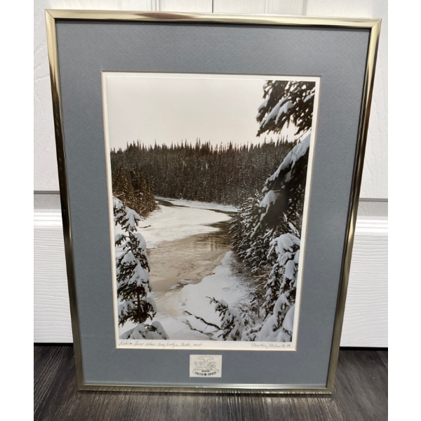 Framed Black & White Landscape with A River Flowing Through A Forest  16x23"tall