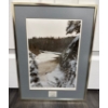 Image 1 : Framed Black & White Landscape with A River Flowing Through A Forest  16x23"tall