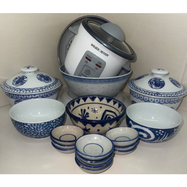 Japanese Style Navy & White Ceramic Bowls w/ B&D Rice Cooker & More 