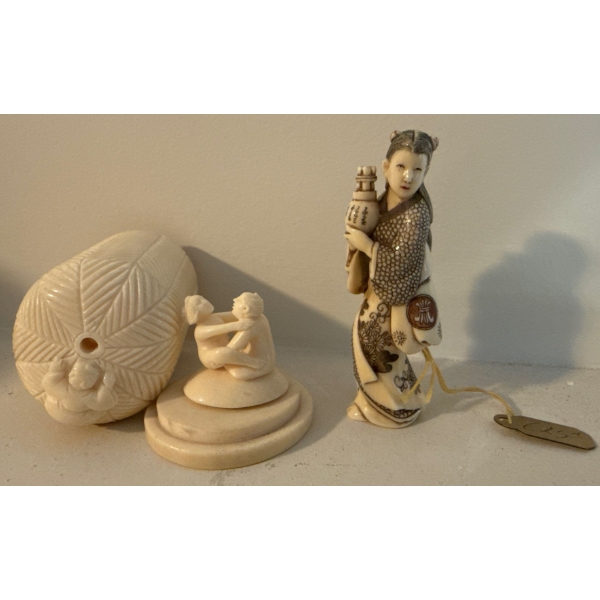 Carved Whale Ivory Fornicating Figurines w/ Asian Girl Coddling A Vase 3T
