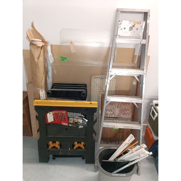 Shop Lot-6 ft Ladder, Horses, + Materials to Build Shelving & More