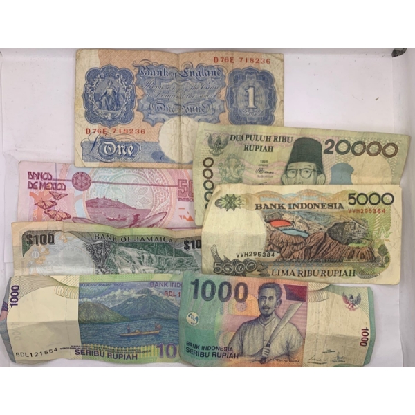 Around the World Bill Collection - England, Indonesia, Mexico; Plus US Federal Reserve Note Copy