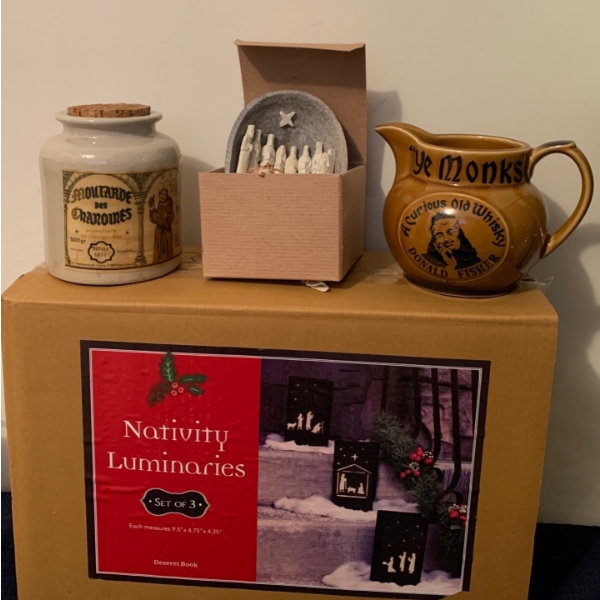 Nativity Luminaries Set of 3, Kenya Soapstone Nativity Scene in Cave, and Monk Themed Pottery 